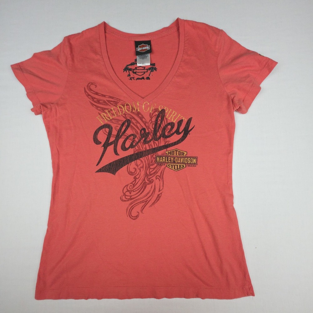 Harley-Davidson Freedom of Spirit V-Neck T-Shirt Women Large Coral Graphic Tee